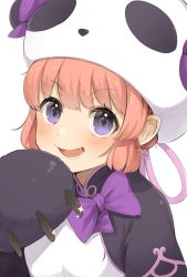 Rule 34 | 1girl, :d, animal costume, animal hands, bad id, bad twitter id, blush, bow, copyright request, fang, gloves, hand up, hat, highres, looking at viewer, nishiuri, open mouth, panda costume, paw gloves, pink hair, purple bow, purple eyes, simple background, smile, solo, white background