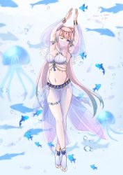 Rule 34 | 1girl, absurdres, air bubble, alternate costume, armpits, arms up, bandeau, blue background, blue eyes, brooch, bubble, chinese commentary, commentary request, fish, full body, genshin impact, harem outfit, head chain, highres, jellyfish, jewelry, long hair, looking at viewer, midriff, mouth veil, navel, navel piercing, neck ring, one eye closed, parted lips, pelvic curtain, pendant, piercing, pink hair, saber-freedom, sangonomiya kokomi, see-through, solo, stomach, strapless, thigh strap, thighs, veil, very long hair
