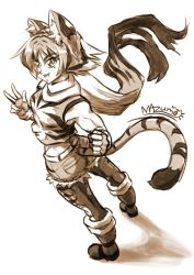 Rule 34 | 1girl, :3, :d, animal ear fluff, animal ears, artist name, boots, clenched hand, commentary, cutoffs, fingerless gloves, full body, gloves, greyscale, pantyhose under shorts, looking at viewer, looking back, mazume, monochrome, multicolored hair, open mouth, original, pantyhose, scarf, shirt, short shorts, shorts, simple background, sketch, sleeveless, sleeveless shirt, smile, solo, standing, symbol-only commentary, tail, tiger ears, tiger girl, tiger tail, w