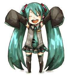 Rule 34 | aged down, bad id, bad pixiv id, blue hair, buzz (moi), chibi, closed eyes, detached sleeves, happy, hatsune miku, long hair, necktie, oversized clothes, solo, thighhighs, twintails, vocaloid