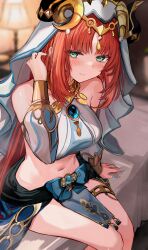 Rule 34 | 1girl, absurdres, armlet, bare shoulders, blue skirt, blush, bracer, breasts, brooch, detached sleeves, efuri (riarea00), fake horns, genshin impact, green eyes, hair ornament, harem outfit, highres, horns, jewelry, large breasts, long hair, long sleeves, looking at viewer, low twintails, neck ring, nilou (genshin impact), puffy long sleeves, puffy sleeves, red hair, sash, sidelocks, sitting, skirt, solo, thighlet, thighs, twintails, veil