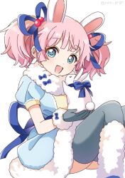 Rule 34 | 1girl, :d, animal ears, blue dress, blue eyes, blue ribbon, commentary, dress, fur-trimmed dress, fur-trimmed gloves, fur trim, gloves, grey gloves, grey thighhighs, hair bobbles, hair ornament, hair ribbon, highres, looking at viewer, nnn yryr, open mouth, pink hair, puffy short sleeves, puffy sleeves, rabbit, rabbit ears, ribbon, short sleeves, simple background, sitting, smile, solo, symbol-only commentary, thighhighs, twintails, twitter username, white background, yoshikawa chinatsu, yuru yuri