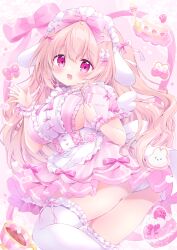 Rule 34 | 1girl, animal ears, apron, blush, bow, breasts, cake, chiika (cure cherish), dress, food, frilled thighhighs, frills, hair ornament, large breasts, long hair, looking at viewer, maid headdress, open mouth, original, panties, pink dress, pink eyes, rabbit ears, short sleeves, sideboob, smile, solo, thighhighs, underwear, white panties, white thighhighs