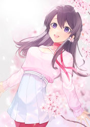 Rule 34 | 1girl, :d, black hair, blurry, blurry background, blush, branch, breasts, cherry blossoms, cleavage, commentary request, depth of field, flower, hair between eyes, hair flower, hair ornament, highres, hu kotora, long hair, long sleeves, looking at viewer, medium breasts, open mouth, original, pantyhose, pink flower, pink shirt, pleated skirt, purple eyes, red pantyhose, shirt, skirt, sleeves past wrists, smile, solo, teeth, upper teeth only, white skirt
