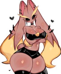 Rule 34 | 1girl, breasts, collarbone, creatures (company), crossed arms, ear piercing, earrings, furry, game freak, gen 4 pokemon, highres, jewelry, large breasts, lopunny, navel, necklace, nintendo, piercing, pokemon, rabbit ears, red eyes, shorts, thighs, usa37107692, very long ears