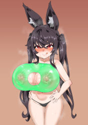 Rule 34 | 1girl, animal ears, asanagi (style), blush, breasts, cleavage cutout, clothing cutout, highres, huge breasts, kishin tatu, large areolae, licking lips, navel, oppai loli, panties, red eyes, thighs, tongue, tongue out, twintails, underwear