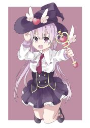 Rule 34 | 1girl, arm up, black footwear, black hat, black skirt, bow, breasts, brown background, brown bow, collared shirt, commentary request, fang, full body, hair between eyes, hamada pengin, hat, heart, highres, holding, holding wand, long hair, long sleeves, magical girl, mary janes, medium breasts, necktie, new game!, open mouth, pleated skirt, purple eyes, purple hair, purple necktie, shirt, shoes, skirt, solo, suzukaze aoba, twintails, two-tone background, underbust, very long hair, wand, white background, white shirt, witch, witch hat