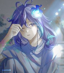 Rule 34 | 1boy, antenna hair, aqua hair, blurry, blurry background, earrings, glitch, hair between eyes, highres, hitodama, holding, holding own hair, holostars, jewelry, knee up, long hair, looking at viewer, low-tied long hair, male focus, minase rio, multicolored hair, one eye closed, pants, parted lips, purple eyes, purple hair, shirt, short sleeves, solo, streaked hair, stud earrings, sunlight, sushida0k, t-shirt, upper body, virtual youtuber, white pants, white shirt
