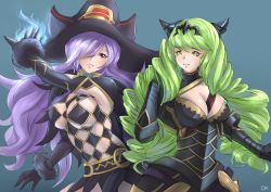 Rule 34 | 20s, 2girls, armor, artist request, belt, between breasts, black bodysuit, black gloves, bodysuit, breasts, camilla (fire emblem), camilla (fire emblem) (cosplay), cleavage, cosplay, costume switch, covering privates, covering one eye, crossover, curvy, elbow gloves, female focus, fiore brunelli, fiore brunelli (cosplay), fire emblem, fire emblem if, gauntlets, gloves, green background, green eyes, green hair, hair over one eye, hat, headpiece, highres, intelligent systems, large breasts, lips, long hair, matching hair/eyes, multiple girls, nintendo, pink eyes, purple eyes, purple hair, simple background, skin tight, smile, square enix, star ocean, star ocean integrity and faithlessness, witch hat
