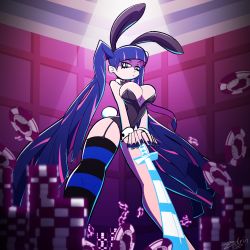 Rule 34 | 1girl, breasts, cleavage, highres, leotard, multicolored hair, panty &amp; stocking with garterbelt, playboy bunny, single thighhigh, stocking (psg), striped clothes, striped thighhighs, sword, thighhighs, twintails, weapon, zedrin