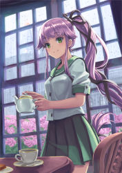 Rule 34 | 10s, 1girl, black ribbon, buttons, chair, closed mouth, cookie, cowboy shot, cup, eyebrows, flower, food, green eyes, green skirt, hair flaps, hair ribbon, holding, hydrangea, indoors, kantai collection, long hair, looking at viewer, md5 mismatch, miniskirt, pink flower, plate, pleated skirt, rain, resolution mismatch, ribbon, saucer, school uniform, serafuku, shade, side ponytail, sidelocks, skirt, smile, solo, source larger, spoon, standing, table, tan taka, tea, tea set, teacup, teapot, very long hair, yura (kancolle)