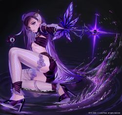 Rule 34 | 1girl, bad id, bad twitter id, black background, black shirt, black shorts, breasts, crop top, destiny child, facial mark, headband, high heels, highres, holding, holding sword, holding weapon, long hair, long sleeves, looking at viewer, magic, midriff, myabit, outstretched arm, purple eyes, purple footwear, purple hair, purple theme, rapier, shirt, short shorts, shorts, small breasts, solo, striped clothes, striped shirt, striped thighhighs, sword, thighhighs, very long hair, water, watermark, weapon, white thighhighs