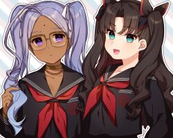 Rule 34 | 2girls, bindi, black hair, black ribbon, black sailor collar, bracelet, commentary, dark-skinned female, dark skin, facial mark, fate/extra, fate/extra ccc, fate (series), forehead mark, glasses, gold bracelet, green eyes, hair ribbon, hand up, holding, holding hair, jewelry, karokuchitose, long hair, long sleeves, looking afar, looking at another, looking to the side, multiple girls, neck ring, neckerchief, open mouth, outline, parted bangs, parted lips, purple eyes, purple hair, rani viii, red neckerchief, ribbon, sailor collar, shirt, smile, tohsaka rin (fate/extra), tsukumihara academy uniform (fate/extra ccc), twintails, two side up, upper body, white outline, white ribbon, white shirt, yellow-framed eyewear