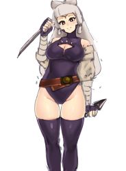 Rule 34 | 1girl, aged down, bandaged arm, bandages, belt, black leotard, black thighhighs, breasts, brown eyes, cleavage, cleavage cutout, clothing cutout, commentary, dagger, detached sleeves, dual wielding, english commentary, eye symbol, fingerless gloves, forehead tattoo, gloves, grey hair, holding, holding dagger, holding knife, holding weapon, hyrule warriors: age of calamity, impa, knife, kunai, large breasts, leotard, long hair, nintendo, reverse grip, sheikah, solo, the legend of zelda, the legend of zelda: breath of the wild, thigh gap, thighhighs, weapon, yotamono