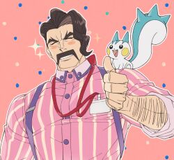 Rule 34 | 1boy, arm hair, black hair, blush stickers, closed eyes, collared shirt, creatures (company), facial hair, game freak, gen 4 pokemon, male focus, manly, mature male, muscular, muscular male, mustache, nagiko (mangalove1111), nintendo, open mouth, pachirisu, pokemon, pokemon (creature), pokemon sv, saguaro (pokemon), shirt, smile, striped clothes, striped shirt, suspenders, thick arms, thick eyebrows, thumbs up, vertical-striped clothes, vertical-striped shirt