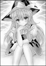 Rule 34 | 1girl, abstract background, black border, blush, border, braid, commentary request, elbow on knee, feet out of frame, graphite (medium), greyscale, hair between eyes, hair ribbon, hat, hat ribbon, head on hand, head rest, head tilt, kirisame marisa, long hair, looking at viewer, monochrome, nightmare77zx, partial commentary, puffy short sleeves, puffy sleeves, ribbon, short sleeves, single braid, sitting, skirt, smile, solo, touhou, traditional media, tress ribbon, very long hair, vest, witch hat