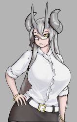 Rule 34 | 1girl, asura senki, belt, borrowed character, breasts, contrapposto, demon girl, glasses, grey background, grin, hand on own hip, highres, horns, huge breasts, long hair, mole, mole under mouth, office lady, office lady (eu03), oni horns, original, pencil skirt, semi-rimless eyewear, shirt, silver hair, skirt, sleeves rolled up, slit pupils, smile, solo, standing, tsunoko, under-rim eyewear, yellow eyes