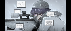 Rule 34 | 1girl, black eyes, commentary, cup, earpiece, english commentary, english text, eyes visible through hair, from side, fur-trimmed hood, fur trim, gloves, gun, highres, holding, holding cup, hood, hood down, hoodie, korean commentary, long hair, mask, mixed-language commentary, mouth mask, oddsnail, original, purple hair, rifle, simple background, sniper, sniper rifle, scope, snowing, solo, weapon