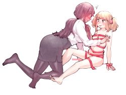 Rule 34 | 2girls, ^^^, artist name, barefoot, black legwear, black skirt, blonde hair, blush, borrowed character, breasts, chadolbaegi, clothed female nude female, commentary, english commentary, full-face blush, full body, glasses, kneeling, leaning forward, long hair, long sleeves, looking at another, low ponytail, medium breasts, medium hair, multiple girls, naked ribbon, navel, nude, office lady, original, pantyhose, pencil skirt, red ribbon, ribbon, shirt, simple background, sitting, skirt, twintails, white background, white shirt, yuri