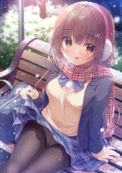 Rule 34 | 1girl, :d, bag, black jacket, blazer, blue bow, blue skirt, bow, breasts, brown eyes, brown hair, brown scarf, brown sweater, clothes lift, commentary request, earmuffs, feet out of frame, fringe trim, jacket, lifting own clothes, long hair, long sleeves, looking at viewer, medium breasts, melonbooks, night, on bench, open clothes, open jacket, open mouth, outdoors, panties, panties under pantyhose, pantyhose, plaid, plaid scarf, plaid skirt, pleated skirt, scarf, school bag, school uniform, shirt, sitting, skirt, skirt lift, sleeves past wrists, smile, snow, snowing, solo, sweater, underwear, very long hair, white shirt, yukie (peach candy)
