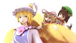 Rule 34 | 3d, 3girls, aged down, animal ears, blonde hair, bow, bowtie, brown eyes, brown hair, cat ears, cat tail, chen, earrings, fox ears, fox tail, gloves, hat, hat ribbon, image sample, jewelry, long hair, looking at another, looking back, minust, mob cap, multiple girls, multiple tails, open mouth, purple eyes, ribbon, short hair, simple background, single earring, smile, tabard, tail, touhou, upper body, vest, white background, white gloves, yakumo ran, yakumo yukari, yellow eyes