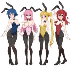 4girls absurdres animal_ears areola_slip black_bow black_footwear black_pantyhose blue_eyes blue_leotard blush bocchi_the_rock! bow breasts cleavage closed_mouth collar covered_navel eyebrows_hidden_by_hair fake_animal_ears fake_tail full-face_blush full_body gotoh_hitori groin hair_between_eyes hair_bobbles hair_ornament hand_on_own_chest high_heels highres ijichi_nijika inverted_nipples kita_ikuyo large_breasts leotard long_hair looking_at_viewer medium_breasts mole mole_under_eye multiple_girls nipples open_mouth pantyhose playboy_bunny rabbit_ears rabbit_tail red_eyes red_leotard roswell_ss side_ponytail simple_background small_breasts smile stiletto_heels sweatdrop tail turn_pale v very_long_hair white_background white_collar white_leotard white_wrist_cuffs wrist_cuffs yamada_ryo yellow_eyes yellow_leotard