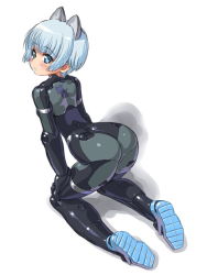 Rule 34 | 10s, 1girl, animal ears, arched back, ass, bad id, bad pixiv id, blue eyes, blush, bodysuit, busou shinki, dd (ijigendd), doll joints, from behind, fubuki (busou shinki), hands on own knees, joints, kneeling, leaning forward, looking back, short hair, simple background, solo, white background