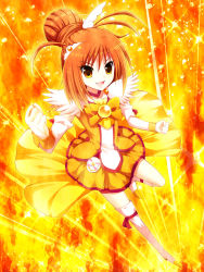 Rule 34 | 10s, 1girl, asymmetrical footwear, bad id, bad pixiv id, boots, bow, bowtie, choker, cure sunny, dress, eyelashes, fiery background, fire, full body, gloves, hair bun, hair ornament, hairpin, hino akane (smile precure!), isumi (i-spixi), magical girl, mismatched footwear, orange background, orange dress, orange eyes, orange hair, orange skirt, orange theme, precure, red bow, red bowtie, short hair, single hair bun, skirt, smile, smile precure!, solo