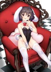 Rule 34 | 1girl, :3, animal ears, black leotard, bow, bowtie, breasts, chair, checkered floor, cleavage, commentary request, detached collar, feet out of frame, hataraki kuma, heart, heart-shaped pillow, inaba tewi, leotard, medium breasts, pillow, playboy bunny, rabbit ears, rabbit tail, red bow, red bowtie, smile, solo, strapless, strapless leotard, tail, thighhighs, touhou, white thighhighs, wrist cuffs