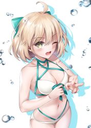 Rule 34 | 1girl, absurdres, ahoge, aqua bow, bare arms, bare shoulders, bikini, blonde hair, blush, bow, breasts, cleavage, collarbone, commentary request, fate/grand order, fate (series), from above, hair between eyes, hair bow, hand gesture, hane yuki, highres, looking at viewer, medium breasts, navel, okita j. souji (fate), okita j. souji (third ascension) (fate), okita souji (fate), okita souji (koha-ace), one eye closed, open mouth, short hair, simple background, smile, solo, swimsuit, v, water drop, white background, white bikini, yellow eyes