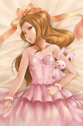 Rule 34 | 1girl, bare shoulders, bed, bow, brown hair, rabbit, dress, female focus, hair bow, hair ribbon, idolmaster, idolmaster (classic), lips, long hair, lying, mikel (4hands), minase iori, on back, on bed, one eye closed, red eyes, ribbon, solo, stuffed animal, stuffed rabbit, stuffed toy, wink