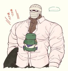 2boys bandage_on_face bandages bara biceps bida boots chibi close-up coat collared_shirt dark-skinned_male dark_skin hat large_pectorals male_focus manly mask multiple_boys muscular muscular_arms muscular_male open_clothes open_shirt original pectoral_cleavage pectorals red_eyes shirt skirt speech_bubble text_focus tight_clothes unbuttoned unbuttoned_shirt unworn_coat upper_body