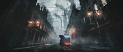 1girl absurdres an_yomogi arch architecture briefcase building city dark dress fog from_behind gothic_architecture highres holding holding_umbrella lamppost megastructure original outdoors power_lines rain road scenery smoke smokestack streetcar umbrella walking wide_shot