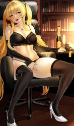 Rule 34 | 1girl, absurdres, agetama, ahoge, arm warmers, azur lane, bare shoulders, black bra, black panties, black thighhighs, blonde hair, blush, bookshelf, bottle, bra, breasts, chair, commentary, commission, female masturbation, full body, green eyes, hat, high heels, highres, hornet (azur lane), indoors, jewelry, lace, lace-trimmed legwear, lace-trimmed panties, lace trim, large breasts, lips, long hair, looking at viewer, masturbation, nail polish, navel, necklace, office chair, open mouth, panties, sidelocks, skeb commission, solo, spread legs, swivel chair, teeth, thick thighs, thighhighs, thighs, twintails, underwear, underwear only, upper teeth only, white footwear, wine bottle, wooden floor, yellow nails