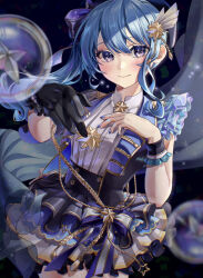 Rule 34 | 1girl, bead bracelet, beads, black gloves, blue hair, blue nails, blush, bracelet, bubble, closed mouth, collared shirt, frilled cuffs, gloves, hair ornament, highres, hololive, hoshimachi suisei, jewelry, long hair, looking at viewer, purple eyes, shirt, single glove, skirt, sleeveless, sleeveless jacket, smile, solo, star (symbol), symbol in eye, user ntgr5835, virtual youtuber, wavy hair, white shirt, wrist cuffs