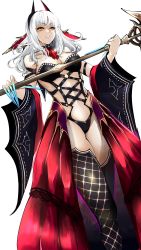 Rule 34 | 1girl, absurdres, agetama, bare shoulders, black thighhighs, blue nails, bondage outfit, breasts, carmilla (fate), cleavage, fate/grand order, fate (series), fingernails, hairband, highres, long fingernails, long hair, looking at viewer, nail polish, navel, sharp fingernails, smile, solo, thighhighs, whip, white hair, yellow eyes