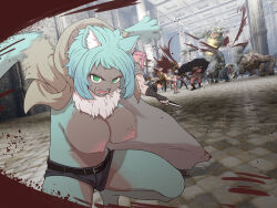 Rule 34 | 2boys, 2girls, angry, animal ear fluff, animal ears, battle, belt, blood, blood splatter, blue hair, body fur, breasts, cape, cat ears, fang, fighting, fighting stance, furry, furry female, green eyes, holding, holding knife, hood, hooded jacket, jacket, knife, large breasts, mane, monster, motion blur, multicolored fur, multiple boys, multiple girls, nipples, open mouth, original, pink hair, serious, short shorts, shorts, squatting, sumiyao (amam), sword, teeth, topless, torn clothes, torn sleeves, weapon