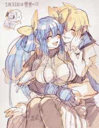 Rule 34 | 1 ssmk, 1boy, 1girl, black gloves, blonde hair, blue hair, blush, breasts, closed eyes, couple, dizzy (guilty gear), gloves, guilty gear, guilty gear strive, guilty gear xrd, hair between eyes, hair ribbon, hair rings, hand on another&#039;s face, heart, hetero, highres, hug, hug from behind, husband and wife, ky kiske, large breasts, long hair, necro (guilty gear), open mouth, partially fingerless gloves, ribbon, short hair, simple background, smile, speech bubble, spoken heart, traditional media, undine (guilty gear), yellow ribbon