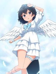 Rule 34 | 1girl, absurdres, alternate costume, angel wings, arm up, black eyes, black hair, blue bow, bow, bridal garter, commentary, dress, head wings, highres, kemono friends, looking at viewer, open mouth, puffy short sleeves, puffy sleeves, shiraha maru, short hair, short sleeves, solo, superb bird-of-paradise (kemono friends), tail, white dress, wings, wristband