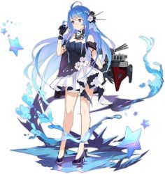 Rule 34 | 1girl, :o, ahoge, alternate costume, azur lane, bare shoulders, blue dress, blue hair, blush, breasts, cannon, choker, closed mouth, dress, full body, gloves, hair between eyes, hair ornament, helena (azur lane), helena (may i have this dance?) (azur lane), high heels, layered dress, long hair, looking at hand, medium breasts, multicolored clothes, multicolored dress, official alternate costume, official art, playing with hair, pout, pumps, purple eyes, purple footwear, realmbw, rigging, shawl, shoes, smile, standing, standing on liquid, strapless, strapless dress, transparent background, very long hair, white dress