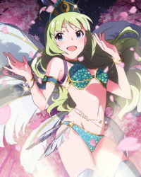 Rule 34 | 10s, 1girl, :d, aqua eyes, armlet, artist request, bikini, blush, bracelet, character name, cherry blossoms, feathers, green hair, idolmaster, idolmaster million live!, jewelry, long hair, lots of jewelry, official art, open mouth, petals, samba, shimabara elena, signature, smile, solo, star (sky), swimsuit