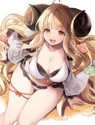 Rule 34 | 1girl, ahoge, anila (granblue fantasy), anila (summer) (granblue fantasy), bikini, blonde hair, breasts, draph, feb itk, from above, front-tie top, granblue fantasy, highres, horns, large breasts, long hair, looking at viewer, sheep horns, short eyebrows, sitting, smile, solo, swimsuit, thighs, very long hair, white bikini, yellow eyes