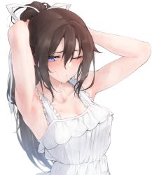 Rule 34 | 1girl, armpits, arms behind head, arms up, bare arms, bare shoulders, blue eyes, blurry, blush, breasts, brown hair, cleavage, closed mouth, collarbone, commentary request, depth of field, dress, frilled dress, frills, hair between eyes, hair ribbon, half-closed eye, highres, hot, long hair, looking at viewer, love live!, love live! nijigasaki high school idol club, medium breasts, messy hair, nasuno (nasuno42), one eye closed, osaka shizuku, ponytail, ribbon, sidelocks, simple background, sleeveless, sleeveless dress, solo, sundress, sweat, upper body, water drop, white background, white dress, white ribbon