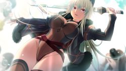 Rule 34 | 1girl, black coat, blurry, blurry background, breasts, brown leotard, brown thighhighs, camera, cleavage, coat, cowboy shot, dutch angle, floating hair, fur-trimmed coat, fur trim, game cg, highleg, highleg leotard, highres, holding, holding sword, holding weapon, kyokugen chikan tokuiten 2, large breasts, leotard, liza volkova, long hair, long sleeves, m&amp;m, official art, open clothes, open coat, outdoors, outstretched arm, silver hair, solo focus, sword, thighhighs, very long hair, weapon