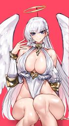 Rule 34 | 1girl, absurdres, alternate costume, angel, angel wings, azur lane, belfast (azur lane), blue eyes, braid, breasts, casul, choker, cleavage, cleavage cutout, clothing cutout, collarbone, commentary, detached sleeves, dress, elbow gloves, english commentary, fake halo, gauntlets, gloves, grey eyes, groin, hair between eyes, halo, highres, large breasts, long hair, looking at viewer, red background, revealing clothes, sidelocks, simple background, sitting, solo, swept bangs, white dress, white hair, wings