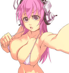 Rule 34 | 1girl, bikini, breasts, cleavage, headphones, large breasts, long hair, looking at viewer, navel, nitroplus, outstretched arm, pink hair, purple eyes, simple background, solo, strap pull, super sonico, swimsuit, upper body, white background, white bikini, yuuji (and)