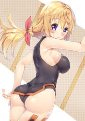 Rule 34 | 10s, 1girl, armpits, ass, bare arms, bare shoulders, blonde hair, blush, breasts, charlotte dunois, female focus, floating hair, from behind, frown, hair ribbon, hand up, infinite stratos, large breasts, leotard, long hair, looking at viewer, looking back, low ponytail, pilot suit, purple eyes, ribbon, sideboob, skin tight, solo, thighhighs, very long hair, yappen, yatsu (sasuraino)