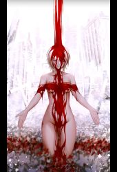 Rule 34 | 1girl, bad id, bad twitter id, blood, blood on face, blood splatter, breasts, choker, closed eyes, closed mouth, dolsig ilangnolja, dress, faust (project moon), flower, highres, limbus company, navel, nude, outstretched arms, project moon, short hair, sleeveless, solo, white flower, white hair