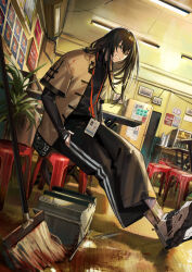 Rule 34 | 1boy, air conditioner, alternate costume, black hair, black pants, black shirt, blood, blood on face, blood splatter, blood stain, brown jacket, bucket, ceiling light, chinese clothes, crossed legs, fate/grand order, fate (series), fluorescent lamp, folding table, full body, green eyes, grin, hair between eyes, hair down, hand in pocket, id card, indoors, itefu, jacket, lanyard, layered sleeves, leg tattoo, long hair, long sleeves, looking at viewer, male focus, mop, open clothes, open jacket, outstretched legs, pants, photo (object), plant, poster (object), reflective floor, refrigerator, restaurant, shirt, shoes, short over long sleeves, short sleeves, sitting, smile, sneakers, solo, stool, table, tangzhuang, tattoo, tile floor, tiles, turtleneck, white footwear, yan qing (fate)