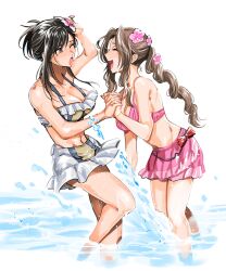 Rule 34 | 2girls, aerith gainsborough, bikini, bikini skirt, black hair, breasts, brown hair, drill hair, final fantasy, final fantasy vii, final fantasy vii rebirth, final fantasy vii remake, flower, frilled bikini, frills, hair flower, hair ornament, highres, holding hands, large breasts, medium breasts, mrg2by, multiple girls, official alternate costume, official alternate hairstyle, open mouth, partially submerged, pink bikini, ponytail, smile, swimsuit, tifa lockhart, water